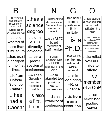 ASTC First Timer's Reception Bingo Card