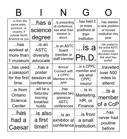 ASTC First Timer's Reception Bingo Card