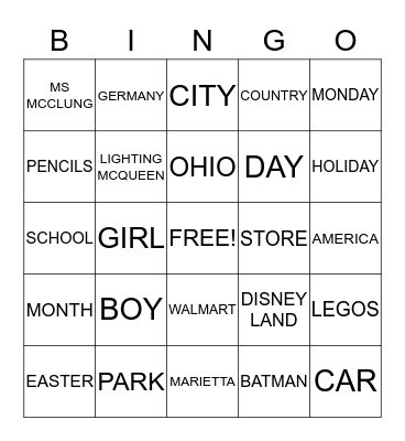 Common and Proper Noun Bingo Card