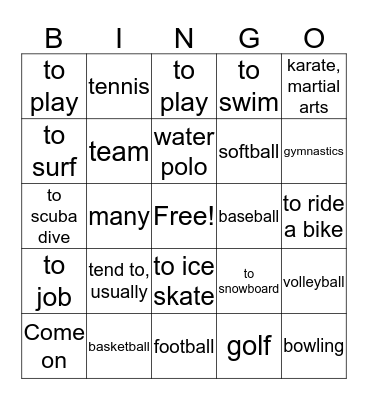 Unit 6 Sports and Activities  Bingo Card