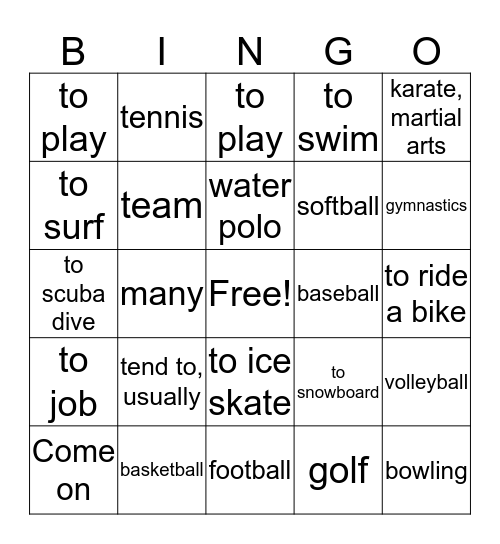 Unit 6 Sports and Activities  Bingo Card