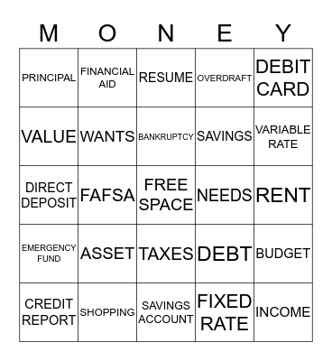 FINANCIAL LITERACY BINGO Card