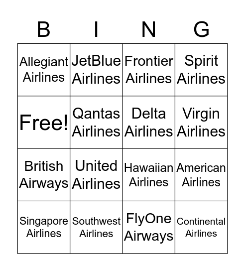 Airlines Bingo Card