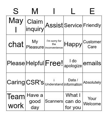 Customer Service Bingo Card