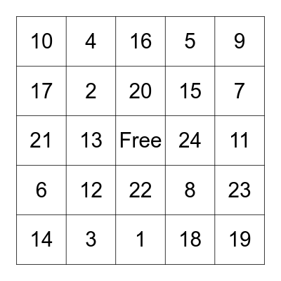 Number Bingo Card