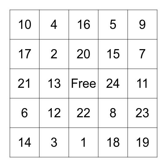 Number Bingo Card