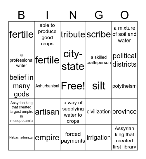 Mesopotamia Bingo Card