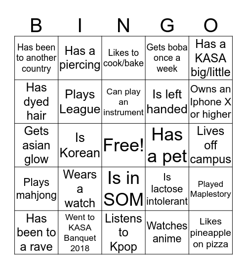 KASA Bingo Card