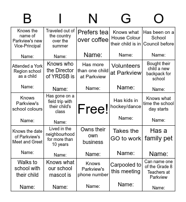 Parkview School Council  Bingo Card