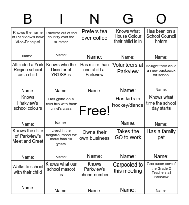 Parkview School Council  Bingo Card