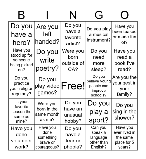 Student Ambassador Bingo Card