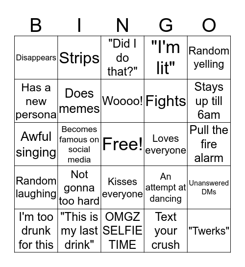 Con drinking Bingo Card