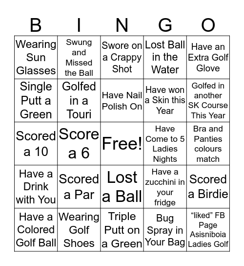 Ladies Golf Windup Bingo Card