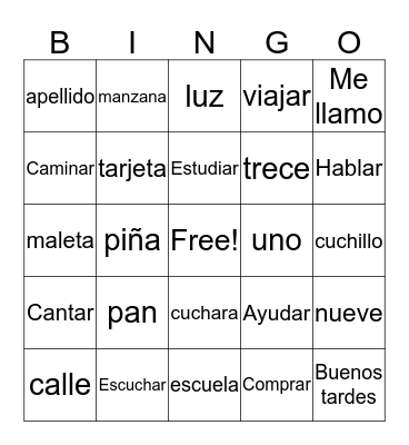 Mots en espagnol Bingo Card
