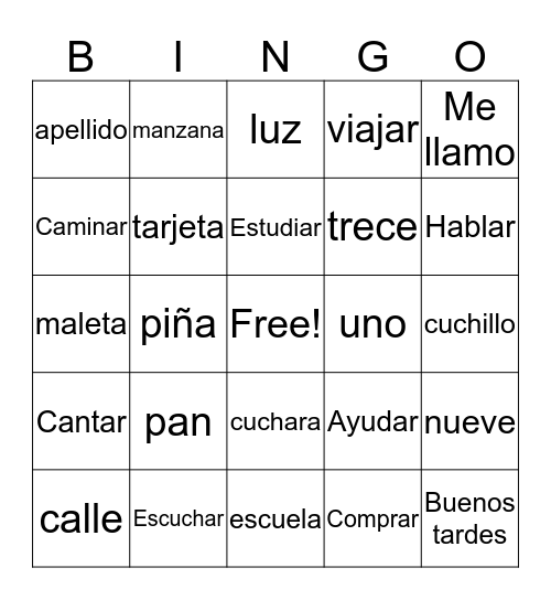 Mots en espagnol Bingo Card