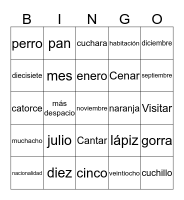 Mots en espagnol Bingo Card