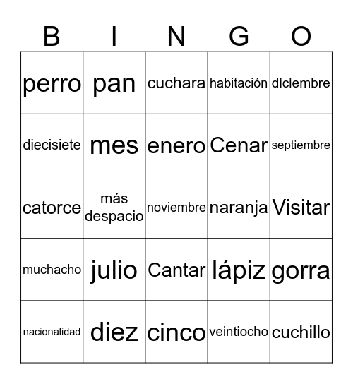 Mots en espagnol Bingo Card