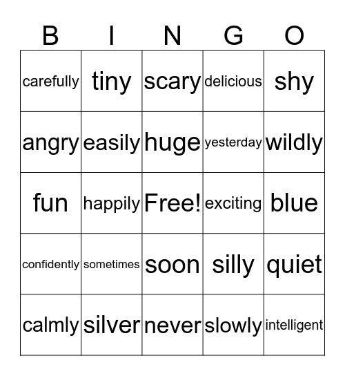 Adjectives and Adverbs Bingo Card
