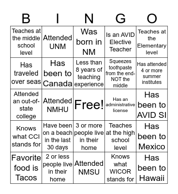 AVID BINGO Card