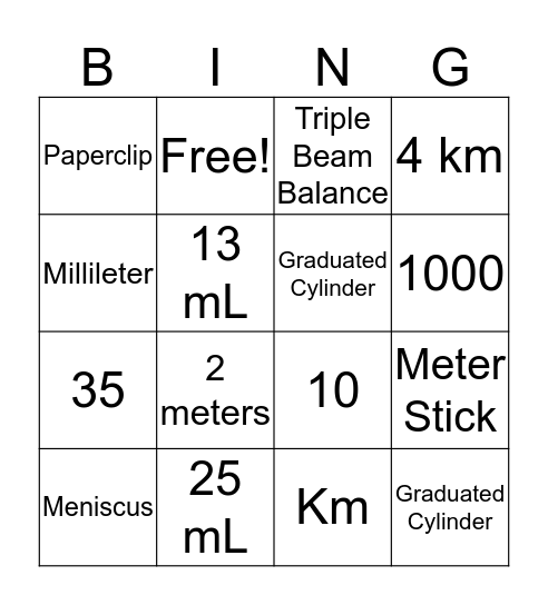 Metric Bingo Card