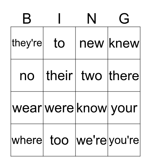 Homophone Bingo Card
