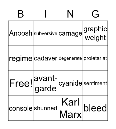 Persepolis Vocabulary Bingo Round Two Bingo Card