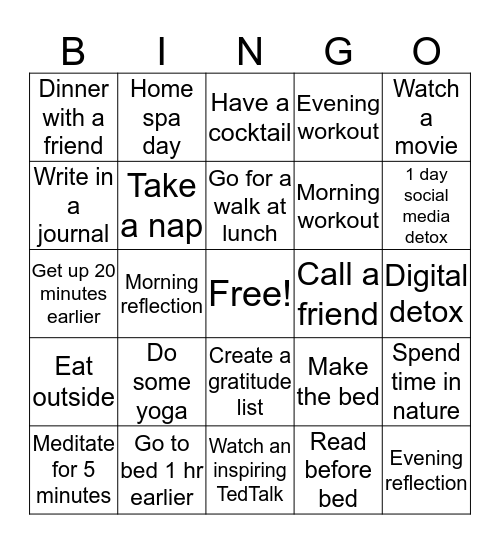 Self-Care Bingo Card