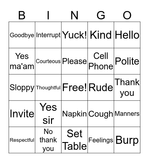 MANNERS AND ETIQUETTE Bingo Card