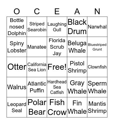 Ocean Animal Noises Bingo Card