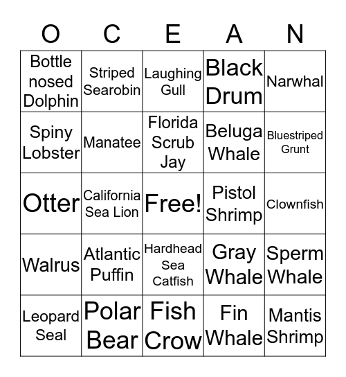 Ocean Animal Noises Bingo Card