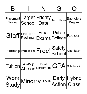 College Terminology Bingo Card