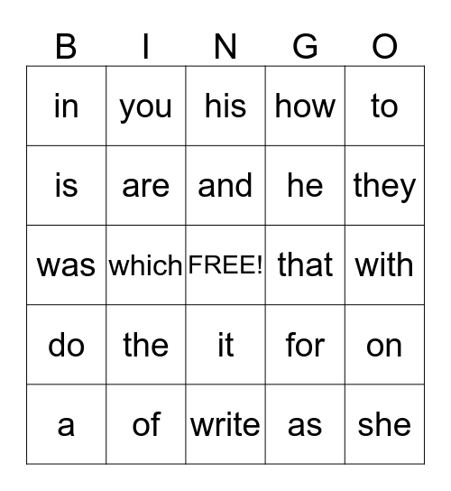 Fry Word Bingo Card