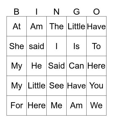 Sight words  Bingo Card