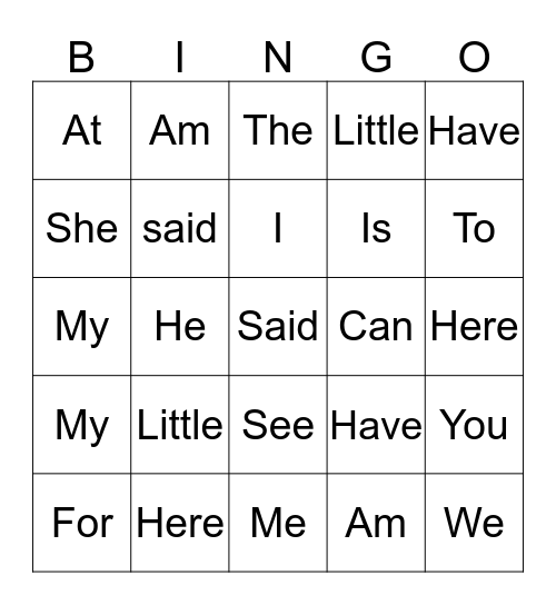 Sight words  Bingo Card