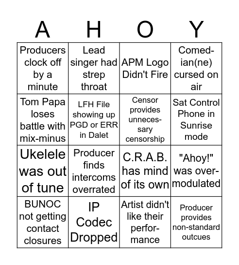 LFH Impairment Bingo Card
