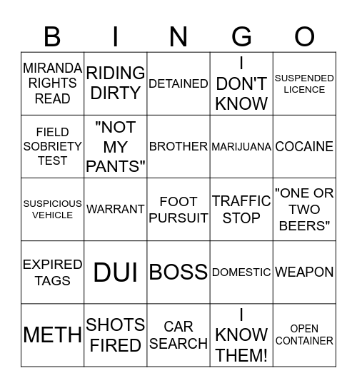 LivePD Bingo Card
