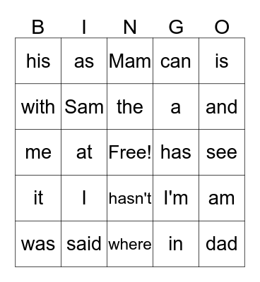 Sight words Bingo Card