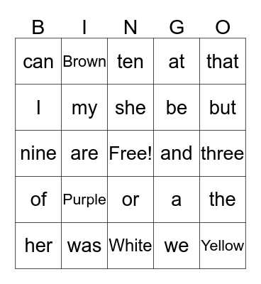 Sight Words Bingo Card