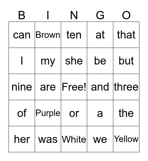 Sight Words Bingo Card