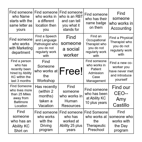 Ability KC Speed Mingling Bingo Card