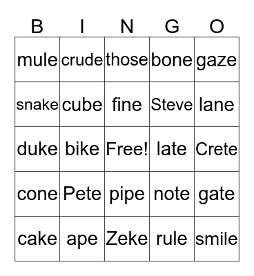 MAGIC E Bingo Card