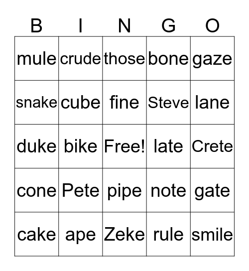 MAGIC E Bingo Card