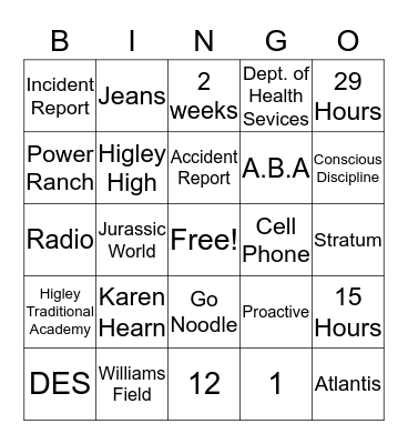 Kids Club Policy Bingo Card