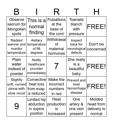 Infant Care at Birth Bingo Card
