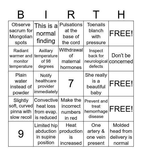 Infant Care at Birth Bingo Card