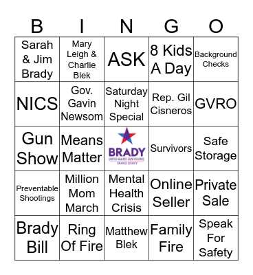Brady Orange County Bingo Card