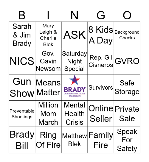 Brady Orange County Bingo Card