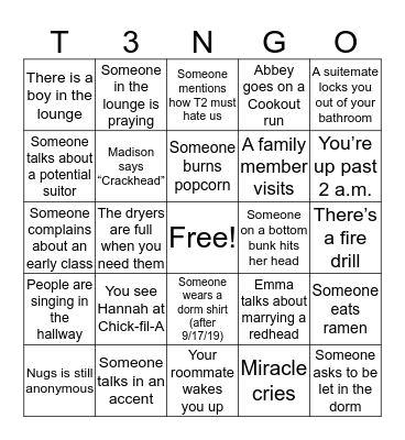 T3NGO Bingo Card