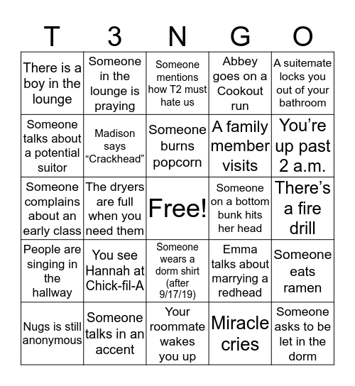 T3NGO Bingo Card