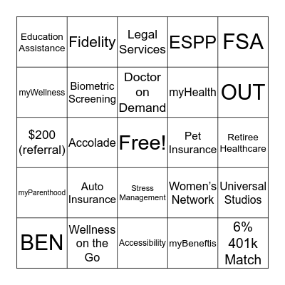 Comcast Benefit Bingo Card